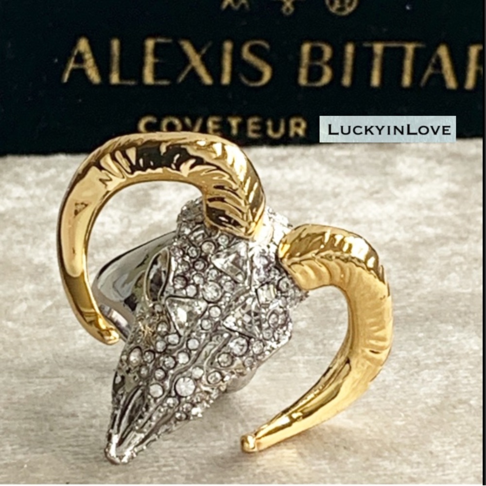 ALEXIS BITTAR • Ram Head Skull Silver Gold Toned Crystal Horn Western Ring